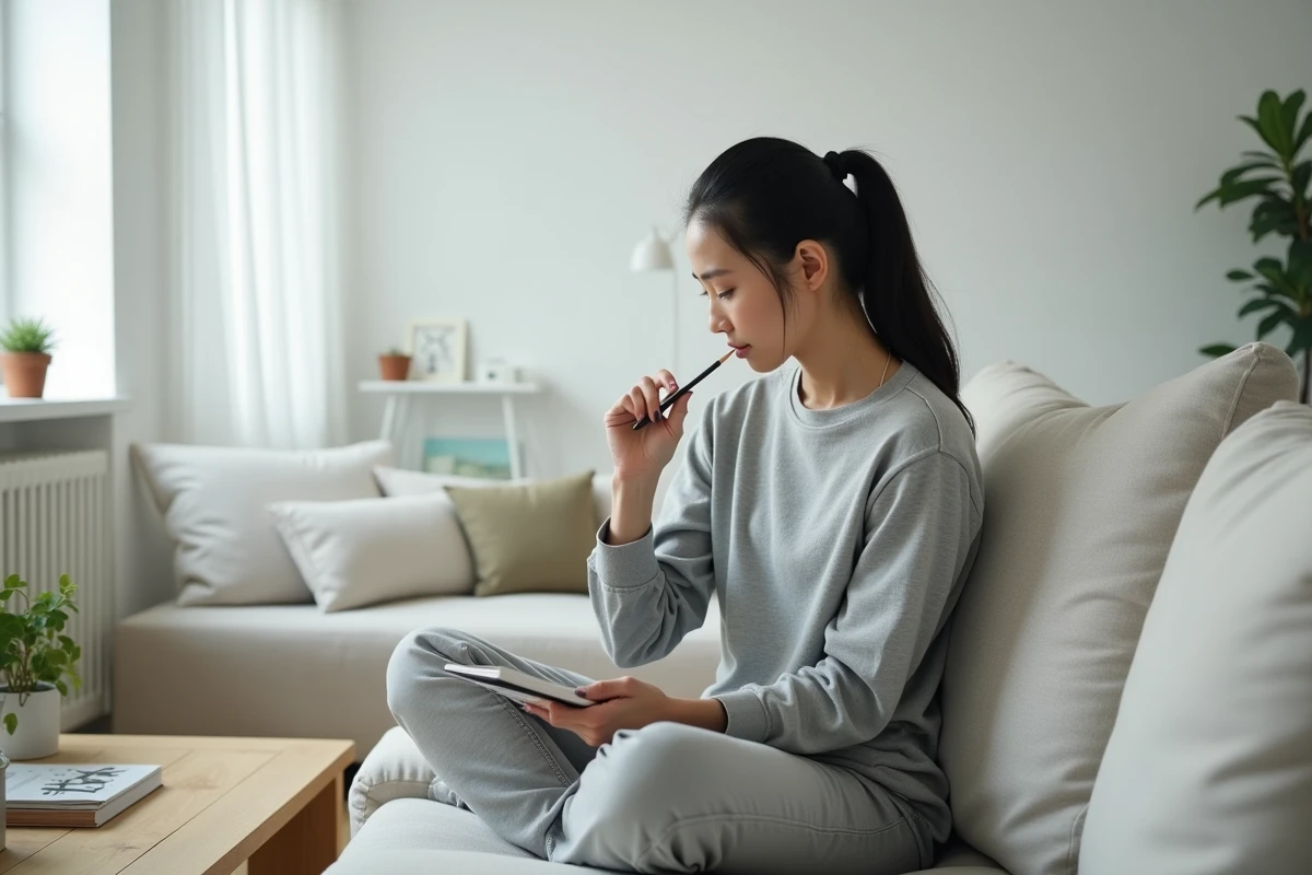 Femme réfléchissant à une énigme de QI avec un carnet de puzzles dans un salon minimaliste