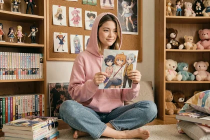 Jeune femme fan d'anime choisissant son husbando préféré entourée de mangas et figurines dans sa chambre