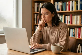 Femme pensive devant son ordinateur portable hésitant sur une question de grammaire française