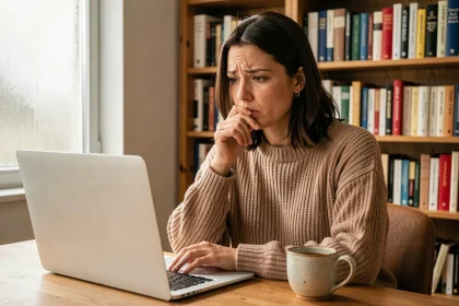 Femme pensive devant son ordinateur portable hésitant sur une question de grammaire française
