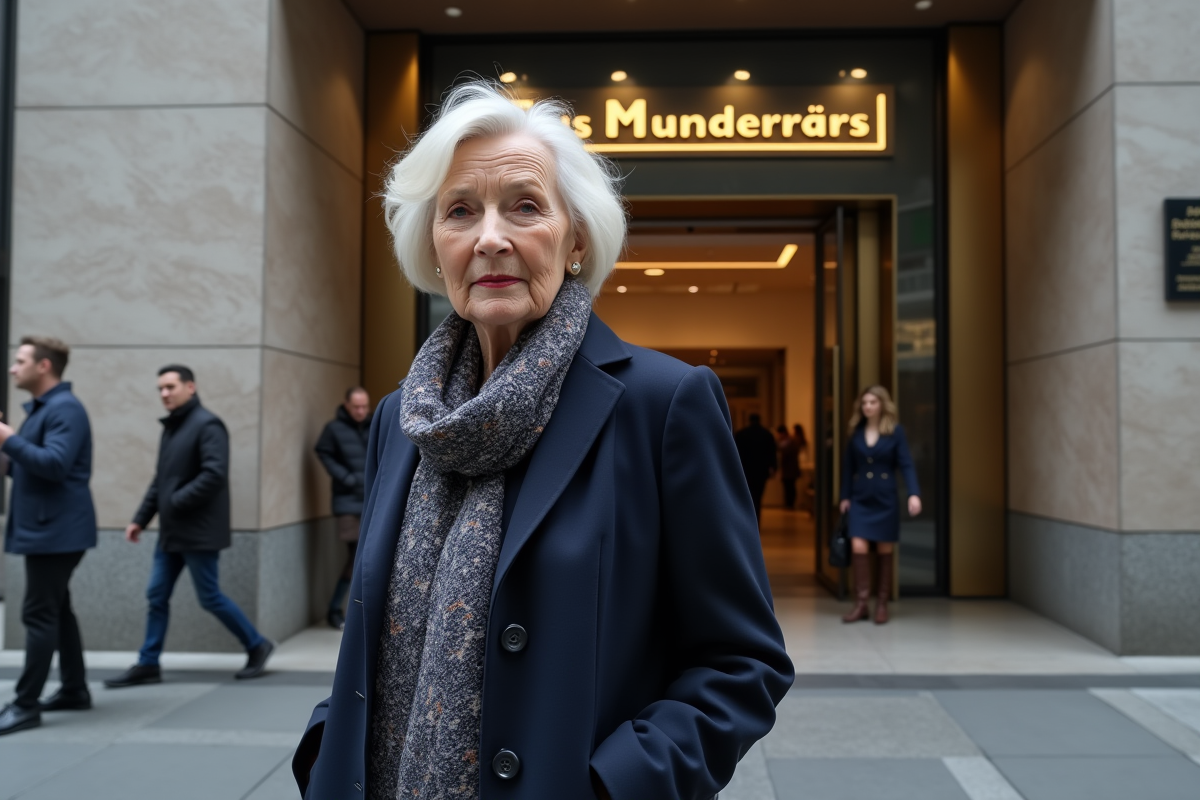 Femme âgée devant bâtiment immobilier moderne