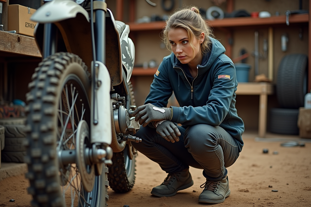 Jeune femme vérifiant la chaîne de sa moto dans un garage