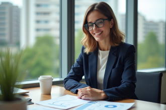 Femme professionnelle en costume bleu analysant rapports ESG