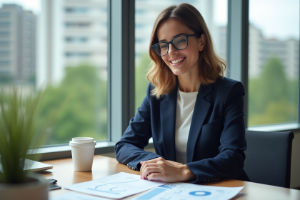 Femme professionnelle en costume bleu analysant rapports ESG