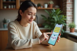 Femme jouant au jeu 4 Images 1 Mot sur smartphone à une table en bois