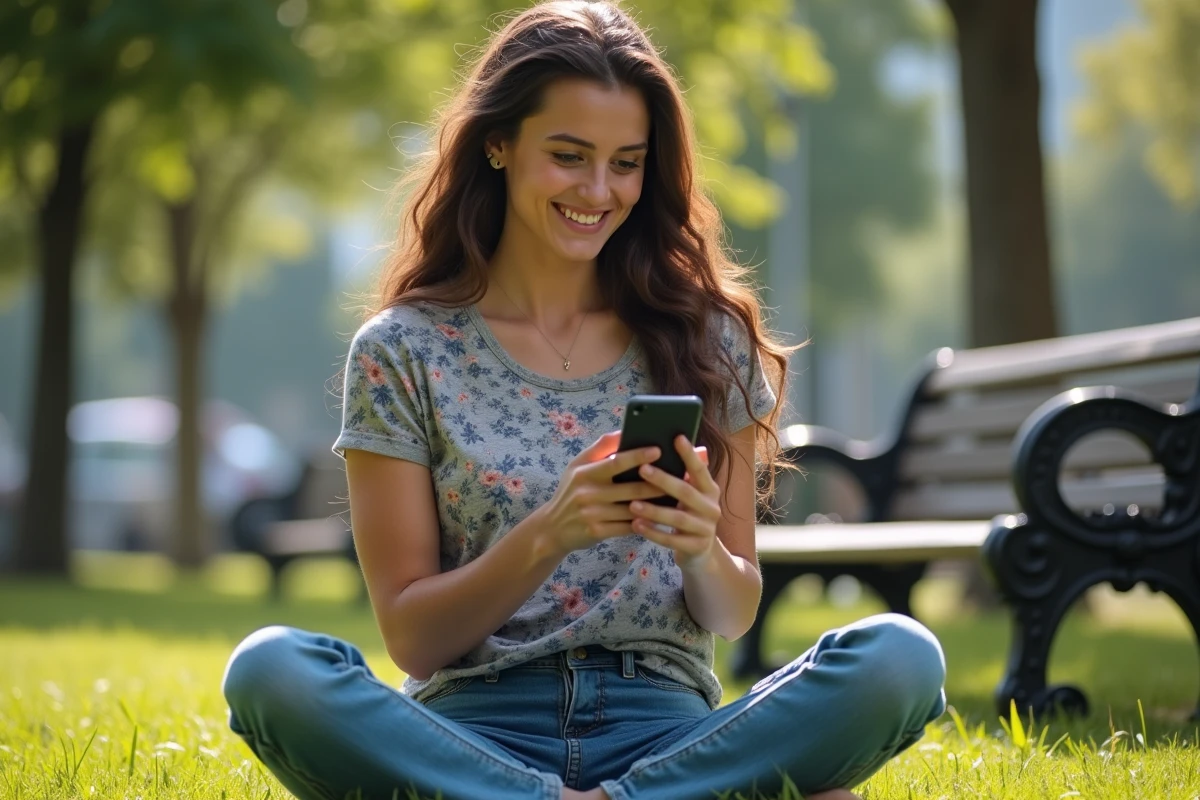 Jeune femme jouant Clash of Clans dans un parc urbain