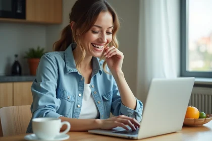 Femme utilisant un ordinateur portable dans une cuisine moderne