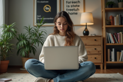 Jeune femme concentrée sur son ordinateur dans un salon cosy