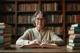Femme lisant un bestseller dans une bibliothèque classique entourée de piles de livres