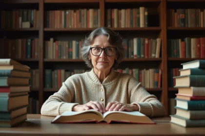Femme lisant un bestseller dans une bibliothèque classique entourée de piles de livres