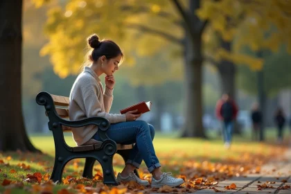 Femme lisant un livre de citations dans un parc