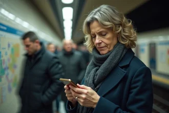 Femme dans le métro parisien avec téléphone et expression perplexe