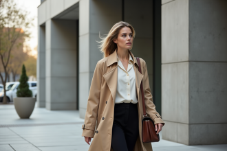 Femme élégante en trench beige dans la ville moderne