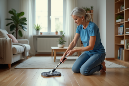 Femme nettoyant un parquet avec une mop plat