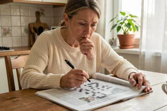 Femme concentrée remplissant des mots fléchés dans un journal posé sur une table en bois