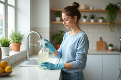 Femme versant vinaigre maison dans un spray en cuisine