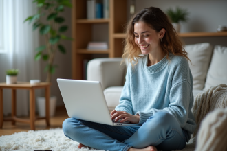 Jeune femme souriante utilisant un ordinateur portable à la maison