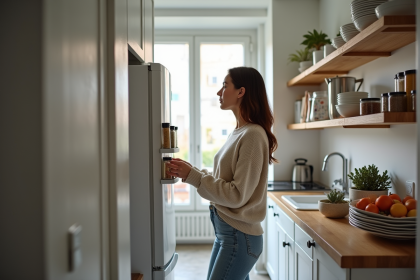Femme organisée avec épices dans une cuisine moderne