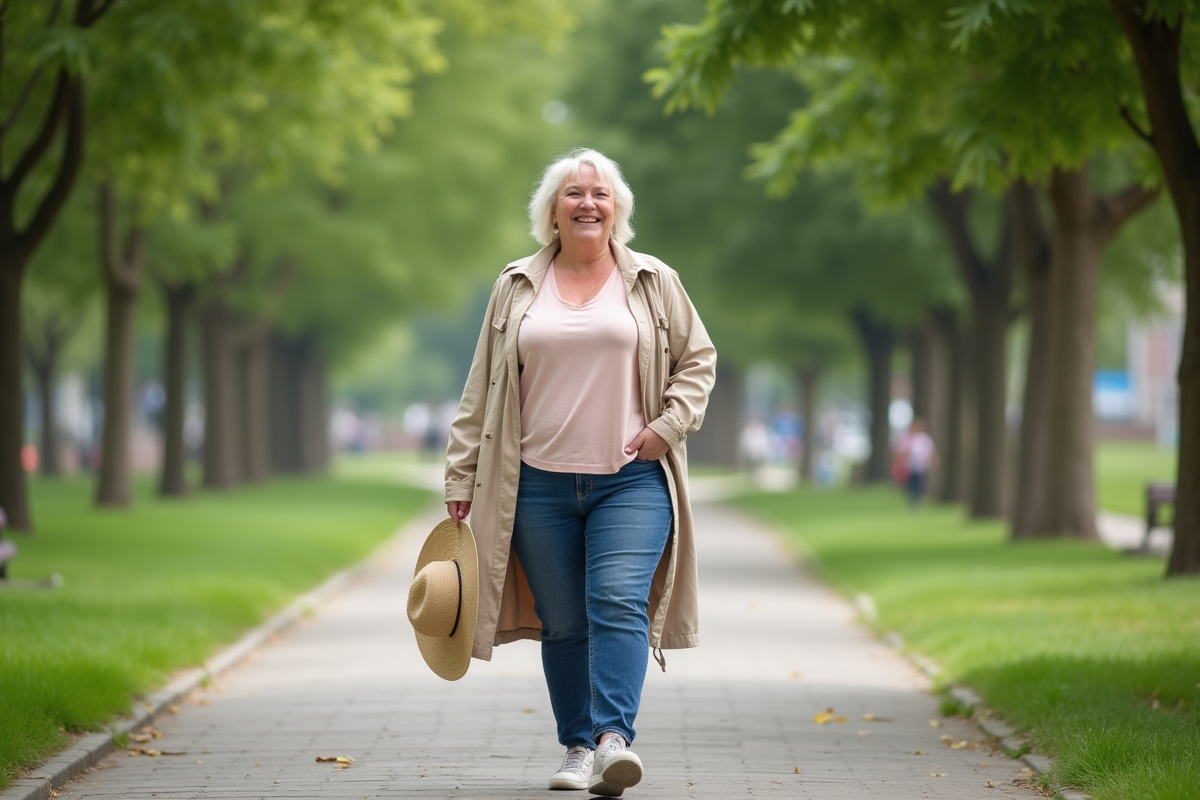 Femme souriante en jeans et trench dans un parc urbain en été