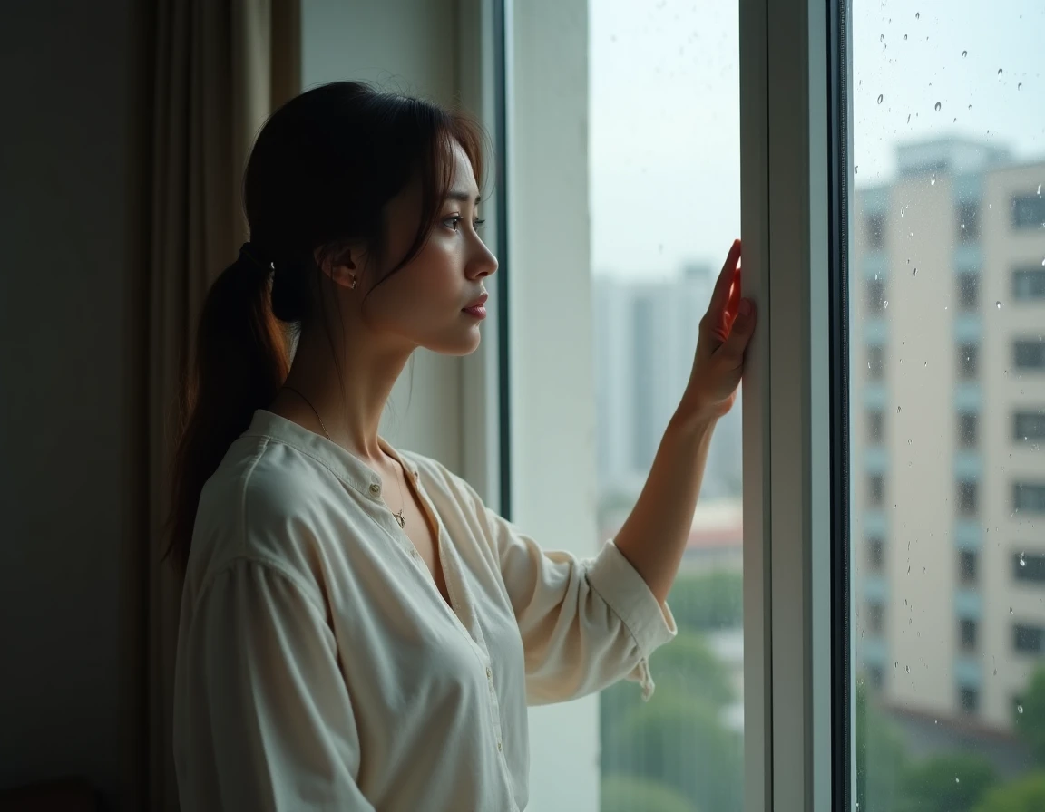 Femme pensive debout près d'une fenêtre sous la pluie, représentant l'incertitude et les questions sur l'amour dans une relation de couple