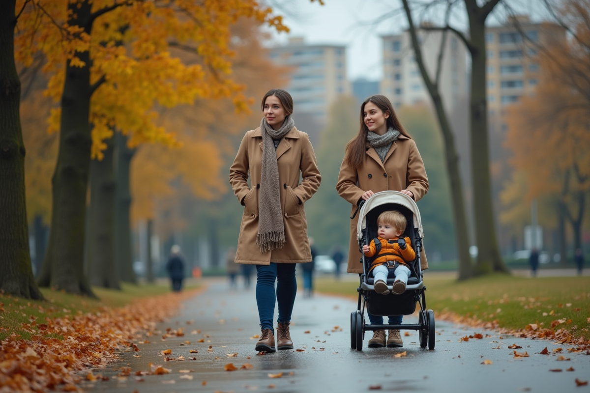 Femme poussant une poussette dans un parc en automne