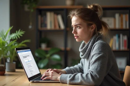 Femme cherchant un site introuvable sur Google depuis son bureau à domicile