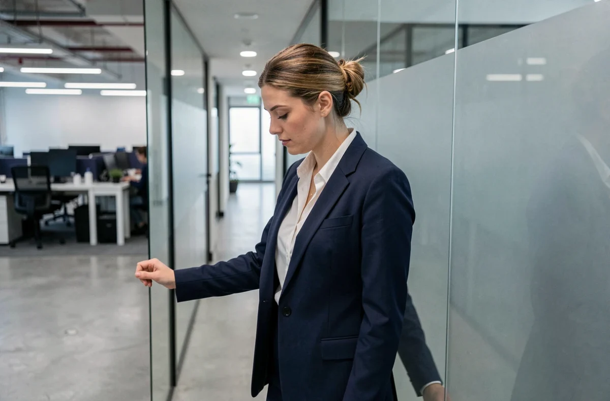 Femme professionnelle les yeux baissés dans un couloir de bureau moderne, posture révélant un manque d'assurance