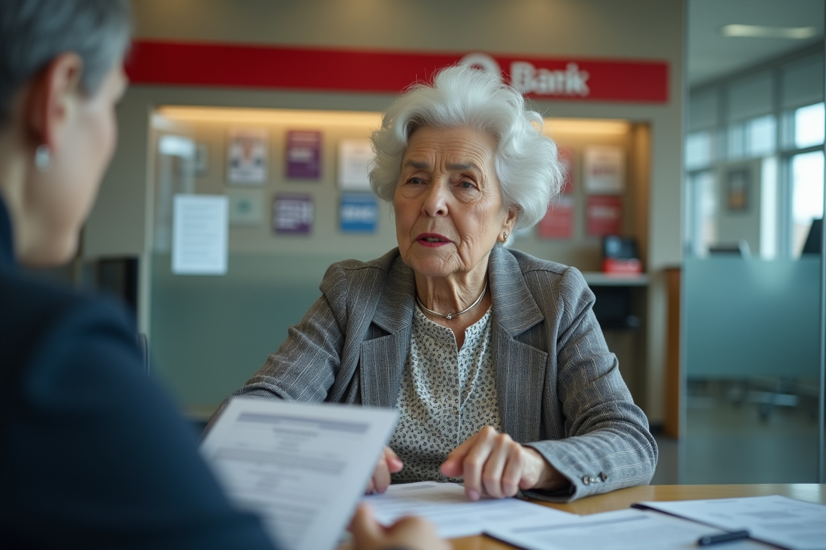 Femme retraitée dans une agence bancaire moderne