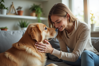 Jeune femme caressant un golden retriever dans un salon lumineux