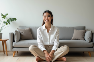 Jeune femme souriante dans un salon scandinave minimaliste