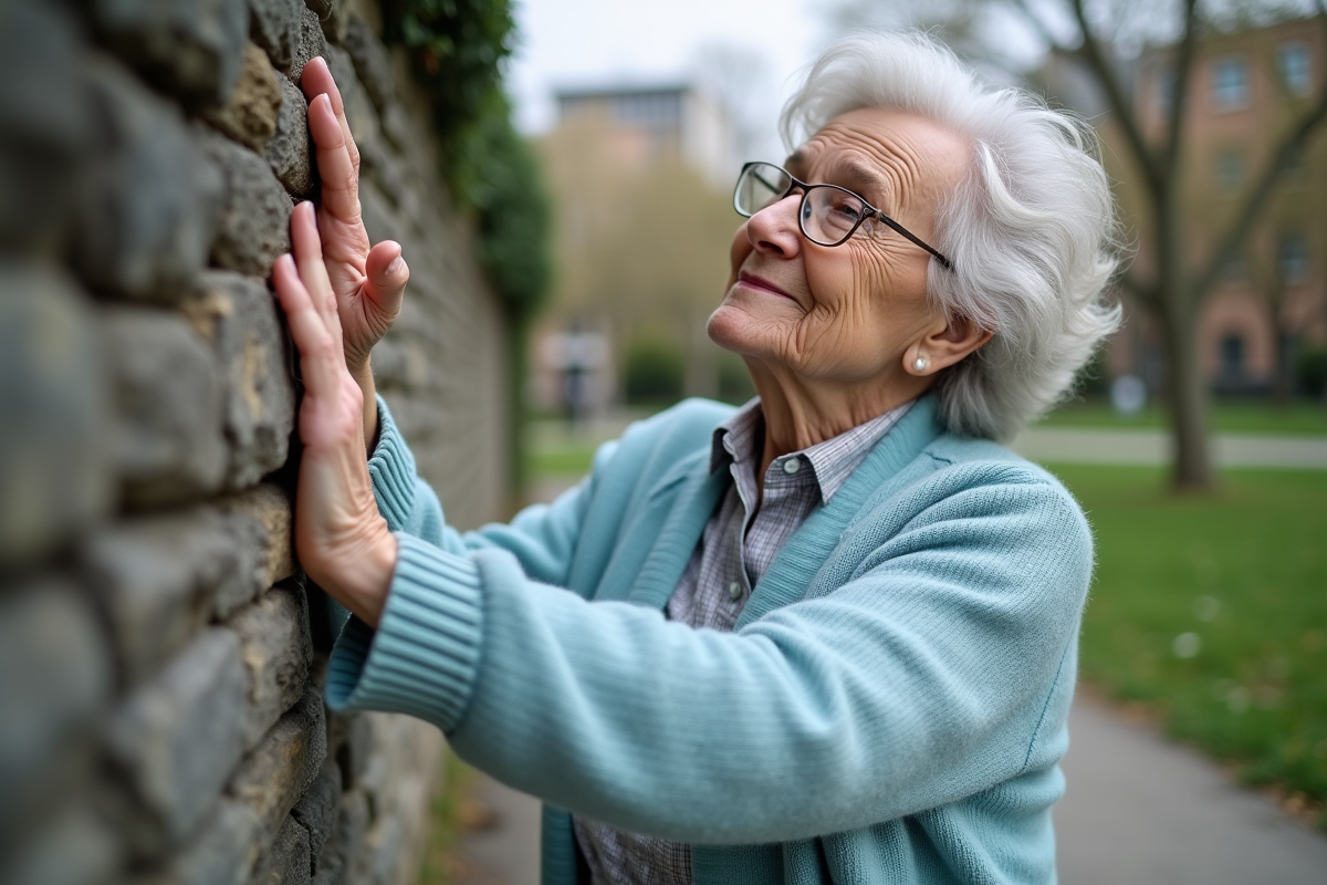 Femme âgée touchant un mur en pierre dans un parc urbain