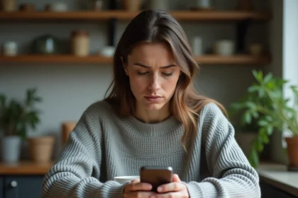 Femme songeuse assise seule dans sa cuisine regardant son téléphone avec inquiétude, symbolisant le doute dans une relation de couple