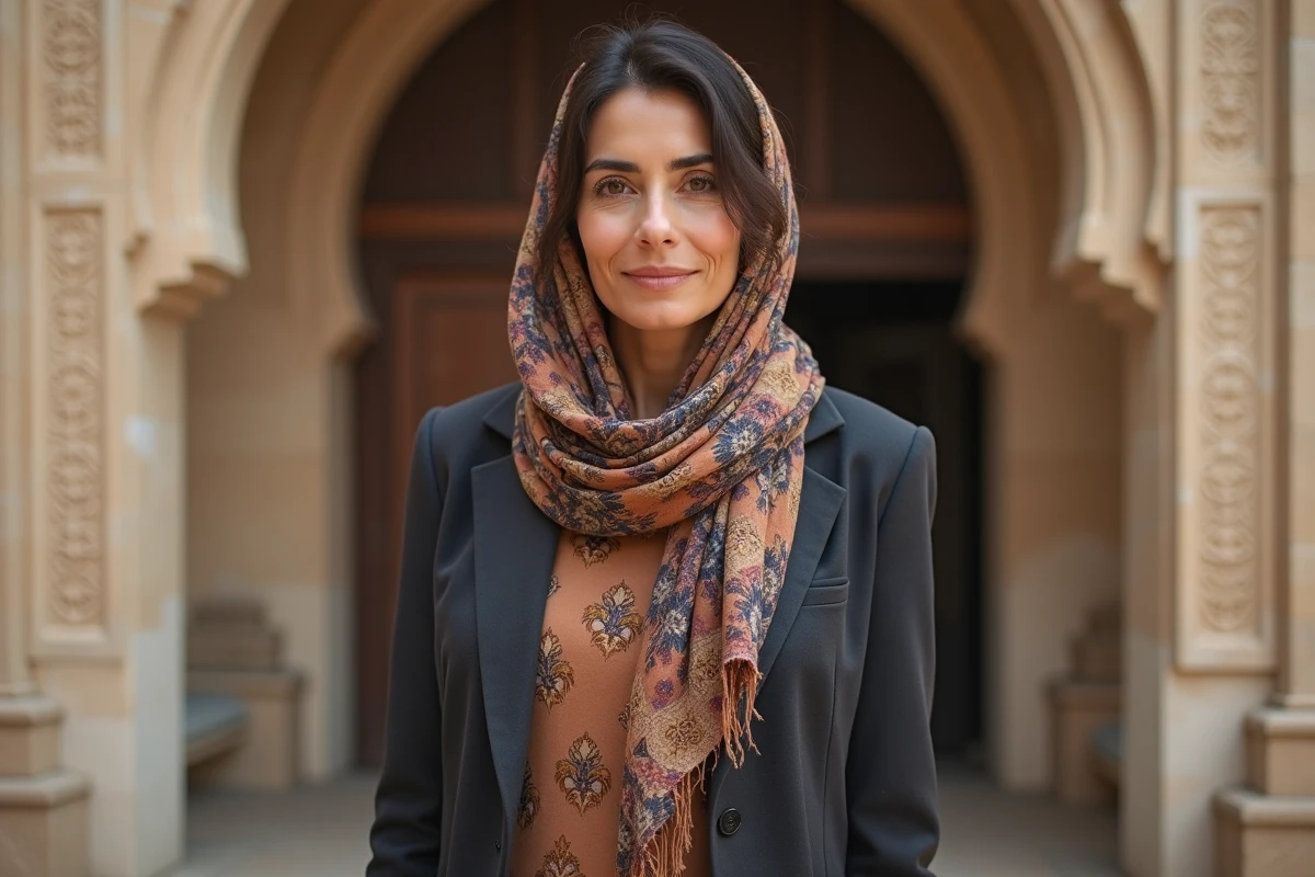 Femme debout devant un b&acirc;timent ancien en pierre