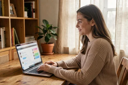 Jeune femme utilisant une application de tchat gratuit sur son ordinateur portable depuis son bureau à domicile en 2026