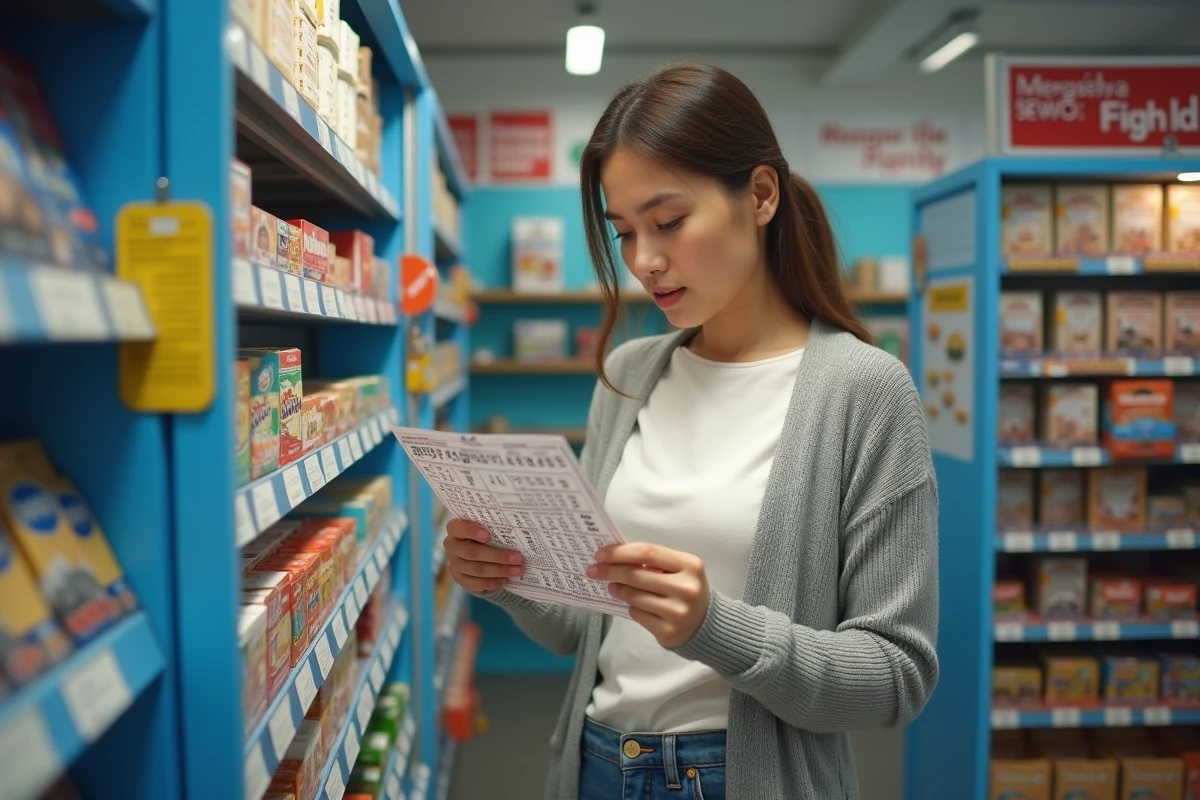 Femme examinant un ticket LOTO multi-grilles au comptoir d'un buraliste avec affiches FDJ en arrière-plan