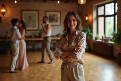 Femme timide hésitant au bord d'une piste de danse de zouk en studio, regardant les autres danser avec un sourire incertain