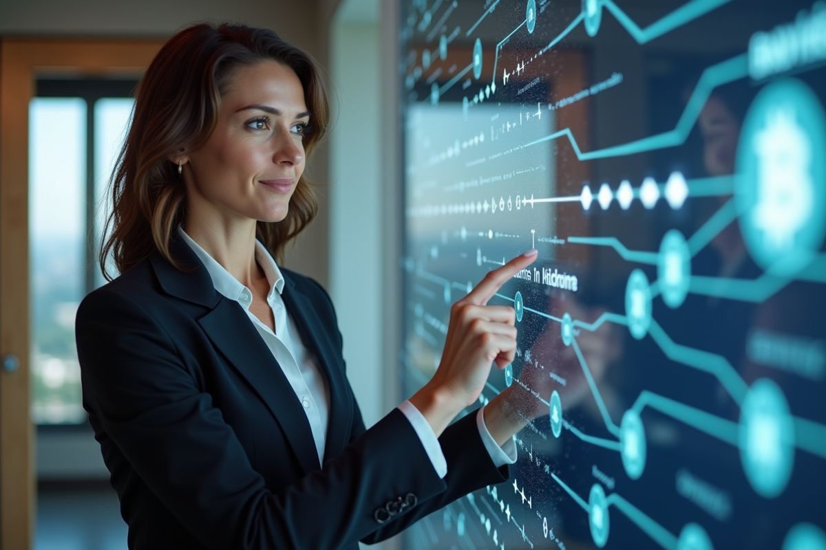 Femme d affaires devant un écran blockchain dans un bureau moderne