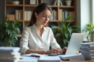 Femme concentrée sur ses documents de comptabilite a domicile