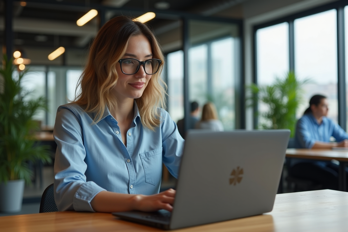 Femme en coworking utilise un laptop gaming haut de gamme