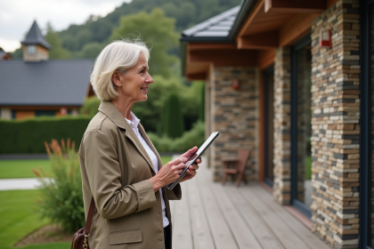 Femme en casual devant maison de vacances moderne