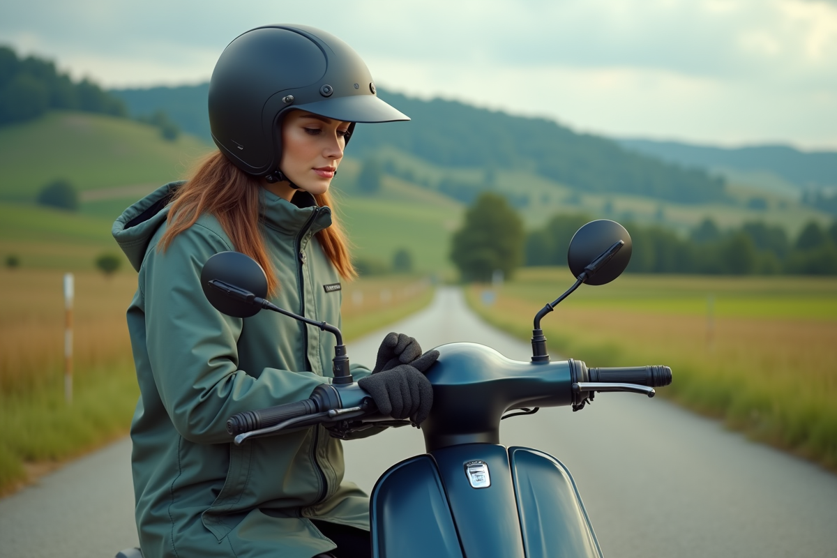 Femme ajustant son casque avec scooter rural