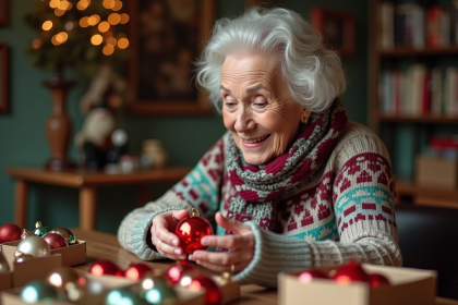 Femme âgée examine un ornement de Noël vintage avec soin