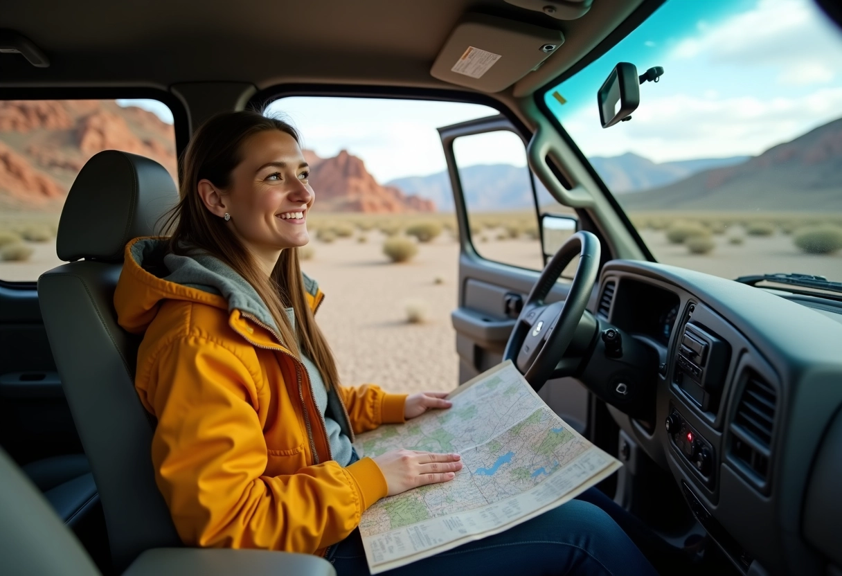 Jeune femme vérifiant une carte dans une 4x4 en montagne