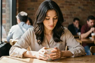 Femme assise dans un café les yeux baissés vers sa tasse, expression introspective reflétant un manque de confiance en soi