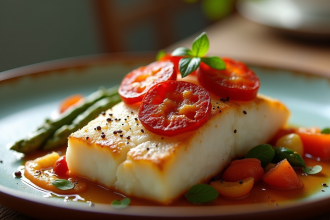 Filet de cod avec chorizo croustillant servi sur une assiette rustique