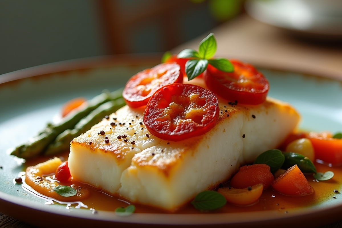 Filet de cod avec chorizo croustillant servi sur une assiette rustique