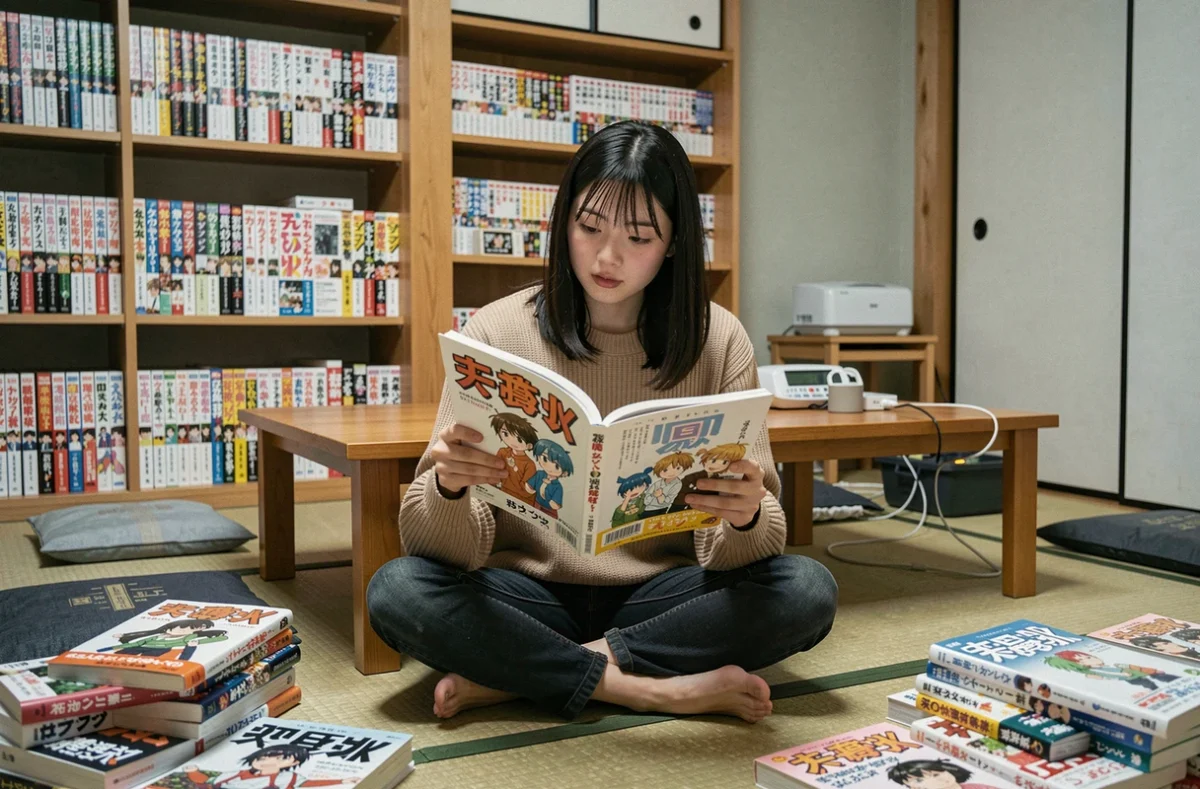 Adolescente lisant un manga Demon Slayer assise sur le sol d'une chambre style japonais