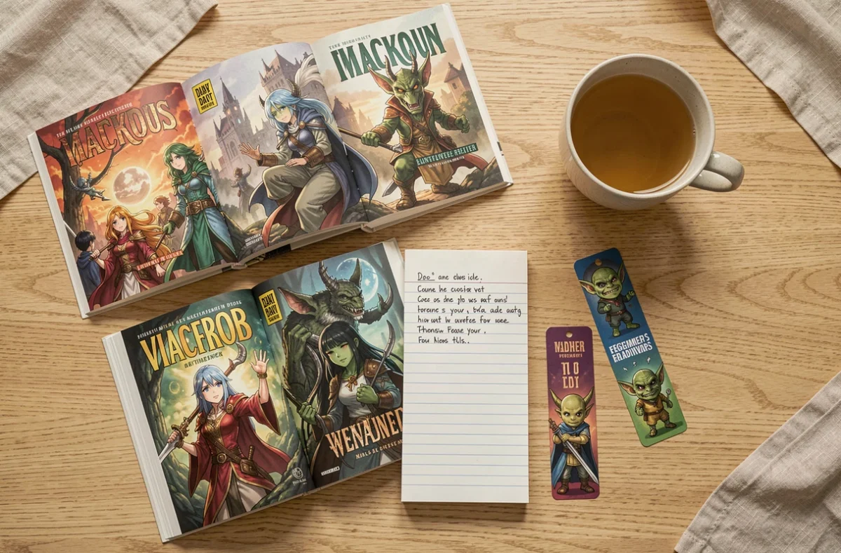 Flat lay de manhwa fantasy pour débutants avec volumes ouverts, liste de lecture et accessoires de lecture sur bureau en bois clair
