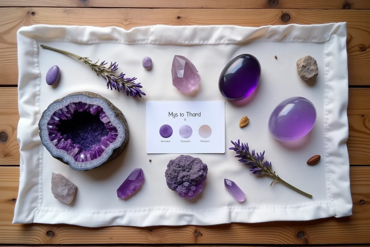 Flat lay de pierres violettes et cristaux chakras sur tissu blanc avec lavande séchée