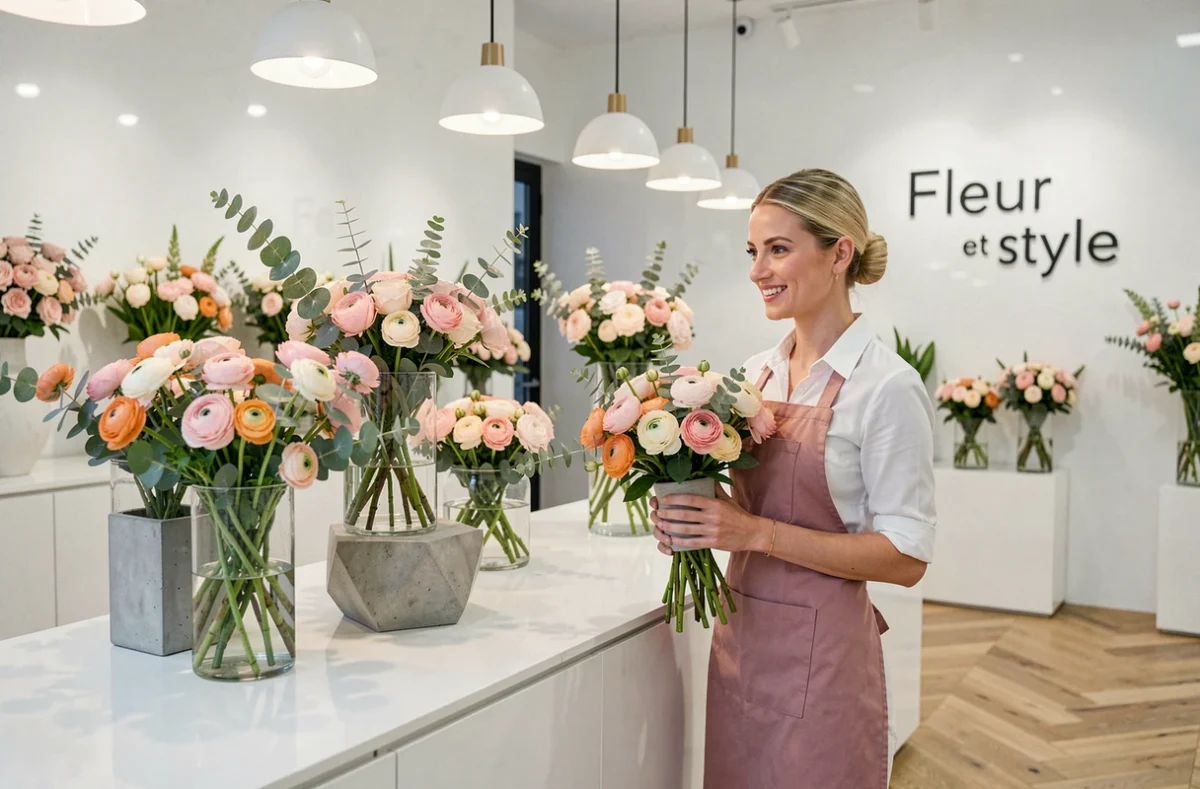 Fleur et Style, boutique florale moderne avec des compositions de renoncules et roses sur un comptoir blanc épuré, présentées par une fleuriste souriante